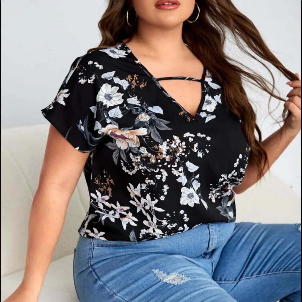 Boho Plus Size Floral Print Cottagecore V Neck Top Blouse - Picture 11 of 16